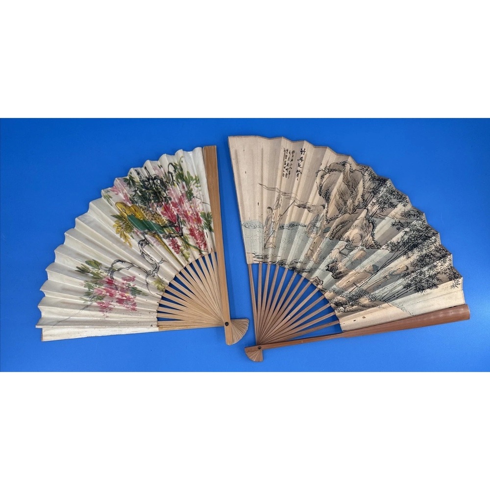 Vtg Lot Of 2 Asian Japanese Wall Art Fan Bamboo Floral Birds Nature